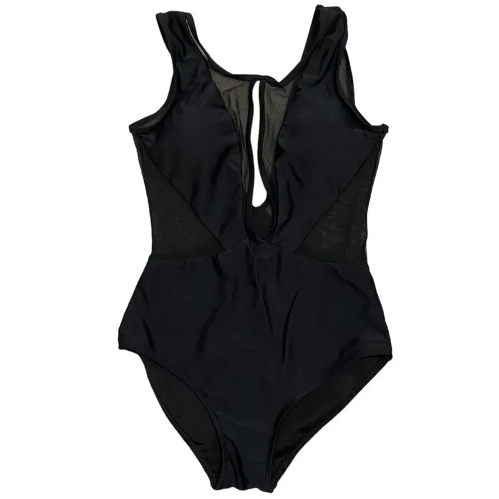Pacsun One Piece Black Sheer Deep Neckline Bathingsuit